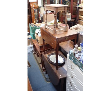 A GEORGE II MAHOGANY DROP-FLAP TABLE 74cm high x 100cm long, with a George III Pembroke table, and a light oak joint stool, a