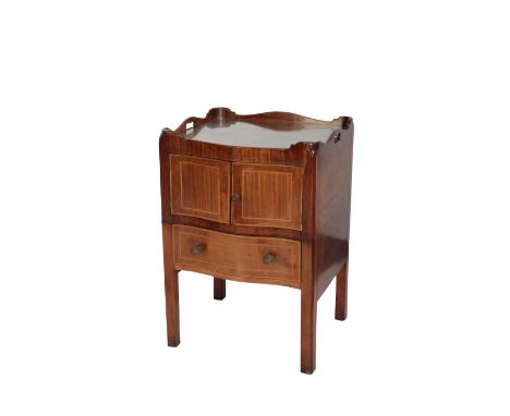 A GEORGE III MAHOGANY TRAY TOP COMMODE, circa 1780 and later adapted, the galleried top pierced for handles at each side, the