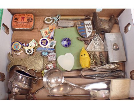 A MOTHER-OF-PEARL HEART SHAPED COUNTER engraved with 'Napoleon's house' , enamel badges, and other small collectibles