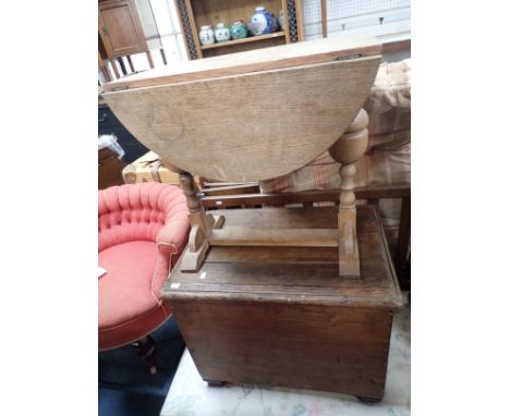 A SMALL PINE COFFER 49cm high x 64cm wide x 45cm deep, and a small light oak drop-flap 54cm high (2)