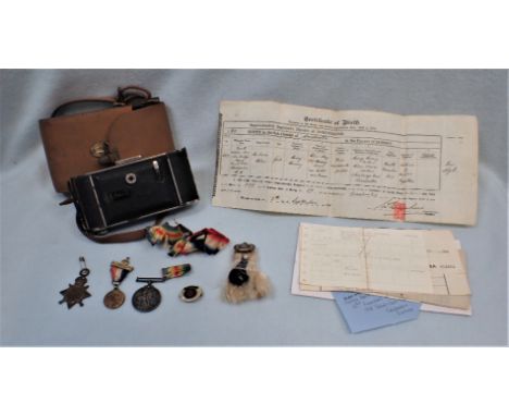 A WWI PAIR OF MEDALS awarded l-6623 PTE. H. HARVEY. 16TH. LRS. , a camera, other items and associated ephemera
