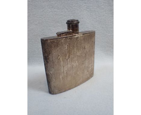 A SILVER HIP FLASK, WITH ENGINE-TURNED DECORATION 131g (monogrammed top)