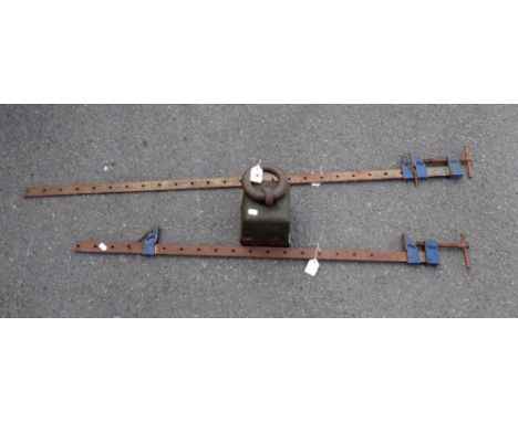 A CAST IRON 56LB WEIGHT, AND TWO 'RECORD' SASH CRAMPS 