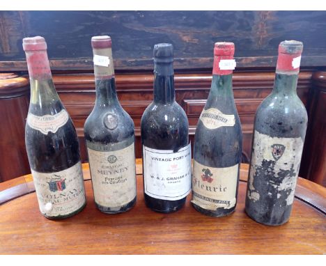 W.&amp;J. GRAHAM &amp; CO. VINTAGE PORT WINE, 1966 and five bottles of wine including Fleurie 1971 and Volnay 1962, all store