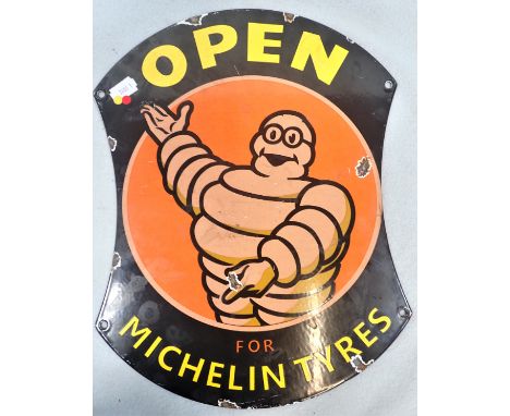 A VINTAGE STYLE ENAMEL SIGN: 'OPEN FOR MICHELIN TYRES' (some chips)