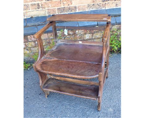 A GEORGE III OAK LIBRARY OR BED STEP CHAIR with two lift-up sections, and old iron repairs