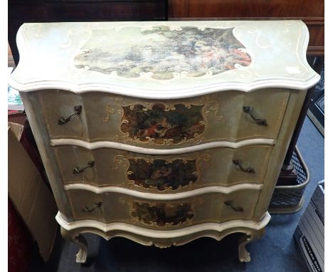 A FRENCH SMALL PAINTED COMMODE decorated with Watteauesque scenes, 79cm high x 76cm wide x 33.5cm deep