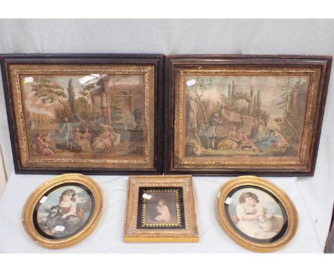 A PAIR OF 18TH CENTURY ENGRAVINGS: 'MUSIC' AND 'PAINTING' in ebonised frames, a pair of oval framed stipple prints, and anoth