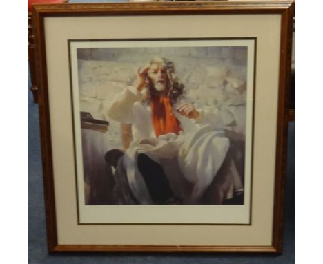 Robert Lenkiewicz, signed print, 'Self Portrait with Red Scarf', 39cm x 43cm.