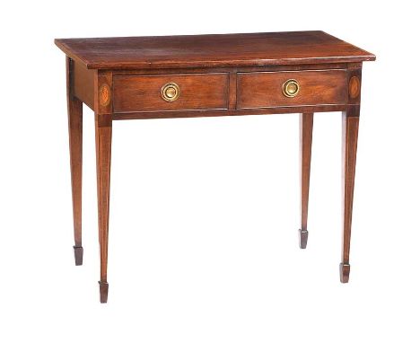 EDWARDIAN INLAID SIDE TABLE FITTED WITH TWO DRAWERS AND BRASS RING HANDLES. RAISED ON TAPERED LEGS AND SPADE FEET.HEIGHT: 28 