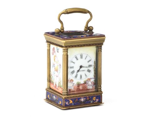 MINIATURE FRENCH BRASS AND CLOISONNE CARRIAGE CLOCK WITH PORCELAIN PANEL SIDES AND PORCELAIN DIAL. 2 X 1½ INCHES AND SWING HA