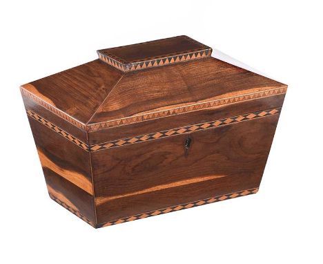 GEORGIAN SARCOPHAGUS ROSEWOOD TEA CADDY WITH FRUITWOOD INLAY.HEIGHT: 8 INCHES.WIDTH: 11 INCHES.DEPTH: 6 INCHES.IN GOOD CONDIT