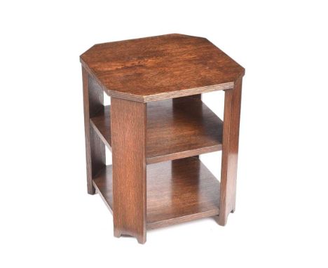 HEXAGONAL OAK OCCASIONAL TABLE FITTED WITH ONE SHELF. HEIGHT: 20 INCHES.WIDTH: 18 INCHES. DEPTH: 17 INCHES. IN GOOD CONDITION