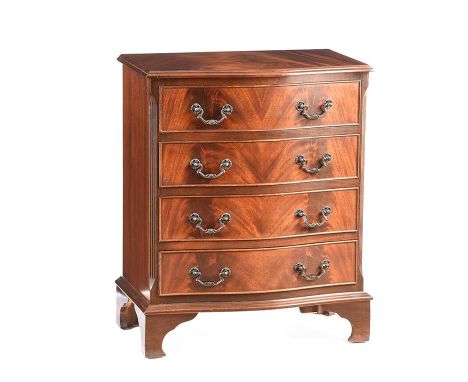 MAHOGANY SERPENTINE FRONT FOUR DRAWER CHEST WITH DROP HANDLES RAISED ON BRACKET FEET. HEIGHT: 30 INCHES. WIDTH: 24 INCHES. DE