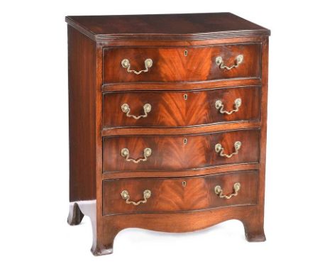 SERPENTINE FRONT MAHOGANY FOUR DRAWER CHEST WITH BRASS DROP HANDLES.RAISED ON BRACKET FEET. HEIGHT: 30 INCHES.WIDTH: 24 INCHE