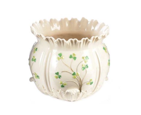 SECOND PERIOD BELLEEK PLANTER WITH A SHAMROCK DESIGN.HEIGHT: 8 INCHES.DIAMETER: 9 INCHES.IN GOOD CONDITION.
