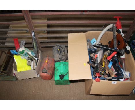 Two boxes of various tools; netting; string etc and three petrol cans