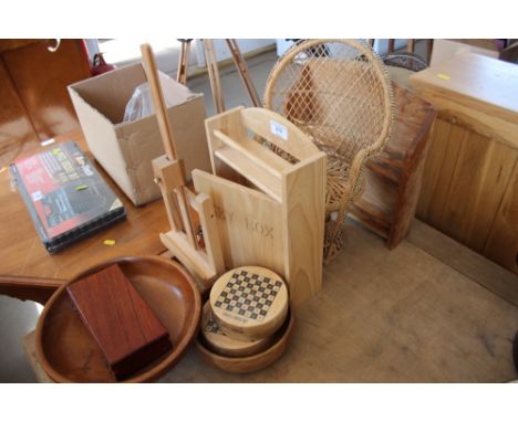 A quantity of wooden items including a small artists easel;  traveling chess sets; a turned wooden bowl; a cased set of brass
