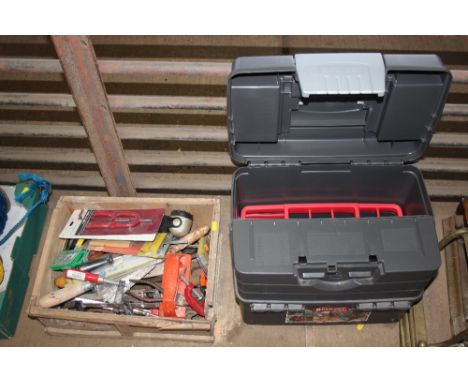 A box of tools and a plastic tool box