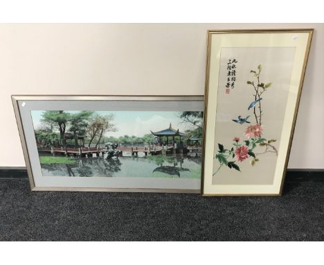 A gilt framed Japanese silk work panel depicting birds and flowers together with a further Japanese panel