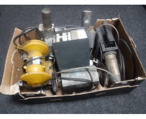Three Leicester industrial hot air guns, Black and Decker bench grinder, Farnell power supply, thermal exchange bench (Untest