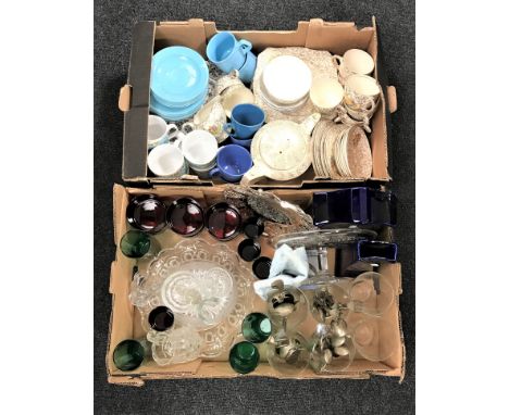 Two boxes containing Sadler tea service, coffee set, assorted glass ware, plated cutlery etc