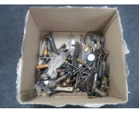 A mid twentieth century folding deck chair, box of hand tools, coal shovel etc 
