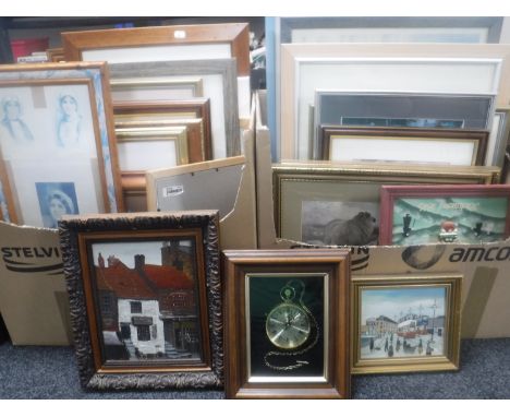 A collection of pictures and prints, wooden panel etc 