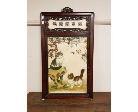 A Chinese painted porcelain panel depicting cats in a garden, in hardwood frame, 73 cm x 43 cm. CONDITION REPORT: In good con