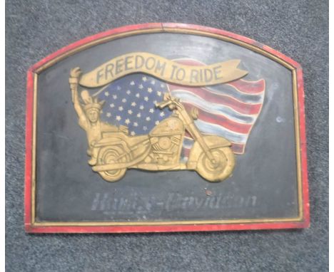 A wooden relief panel, Harley Davidson Freedom to Ride