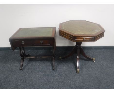 A mahogany flap sided sofa table with green leather inset panel together with a mahogany octagonal pedestal table with green 