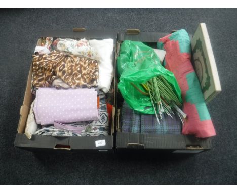 Two boxes of linen, hand stitched blanket, curtains, vintage knitting patterns etc 