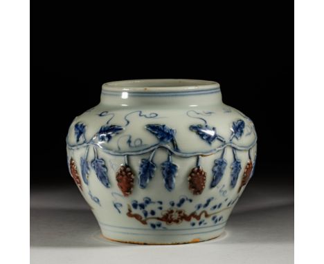 Blue and white enamel red porcelain jar from Yuan dynasty    W：18cmH：15cm