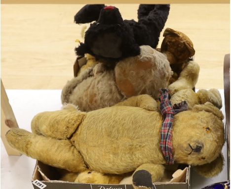 A collection of vintage and later teddy bears, some with articulated limbs, including a modern Steiff example with growler to
