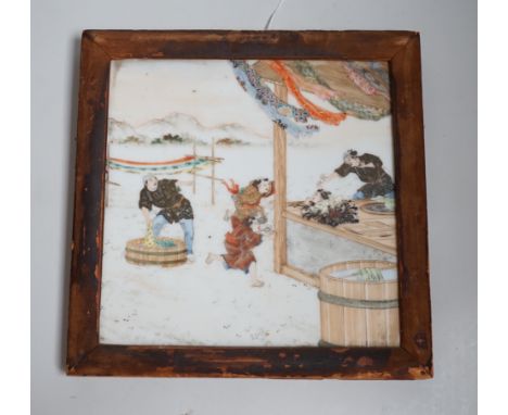 A Japanese enamelled square tile, 20cm, framed