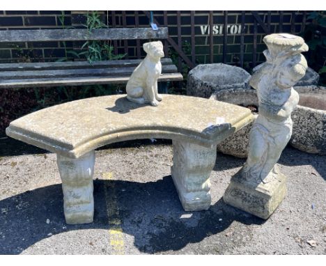A small reconstituted stone curved garden bench, width 110cm, height 44cm, together with a stone pedestal and a small dog orn