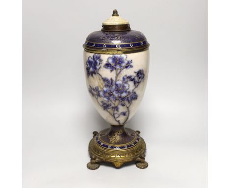A Victorian gilt-metal mounted ceramic lamp base, 37cm tall