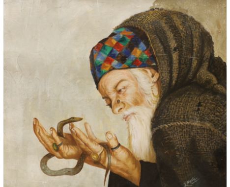 R. Sahil, oil on board, Portrait of a snake charmer, 47.5 x 39cm
