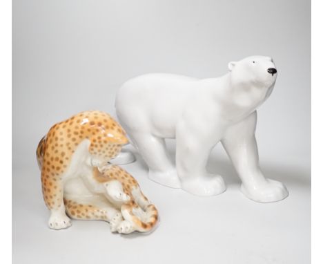 A USSR ceramic leopard and polar bear, latter 25cm high