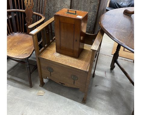 An Art Nouveau oak commode together with a Victorian mahogany microscope case and a wall cabinet