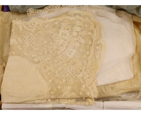 A Honiton bobbin lace wedding veil, a Brussels stole, a Maltese silk hankie, various hand painted maps etc.