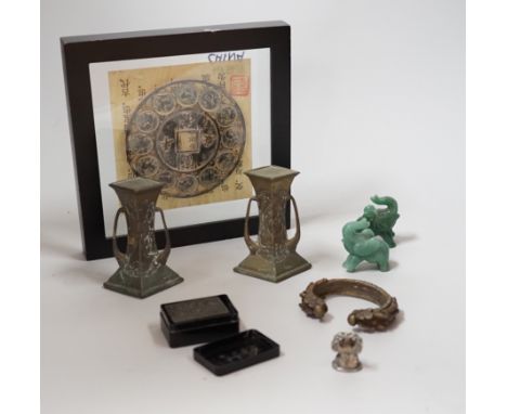 A group of Chinese collectables including bowenite carvings, a bangle, miniature model of Buddha  etc.