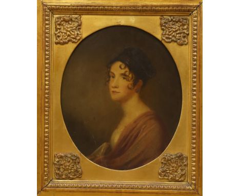 Early 19th century school, circa 1820, oval oil on board, Portrait of a lady, indistinctly inscribed and dated in ink verso w