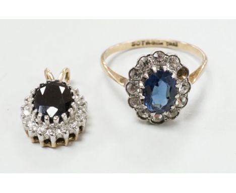 A modern 9ct and gem set ring and similar pendant, gross weight 4.1 grams.