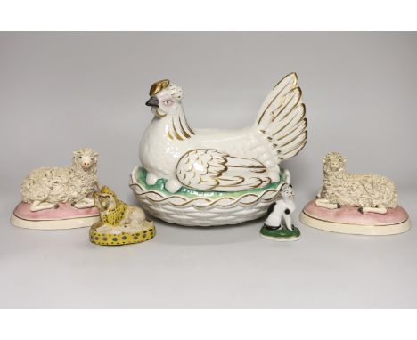 A Victorian earthenware chicken tureen, and four small ceramic animal models, tureen 18cm high