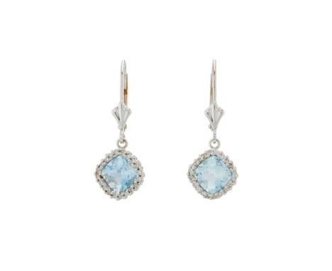 A pair of 14ct gold aquamarine and single-cut diamond cluster drop earrings, with hinged hook fittings, estimated total diamo