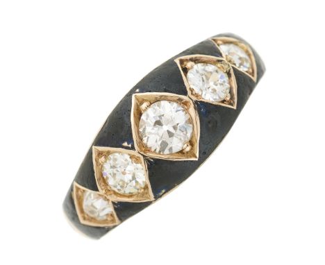 A late 19th century gold, black enamel and old-cut diamond memorial five-stone ring, with replacement 9ct gold band, estimate