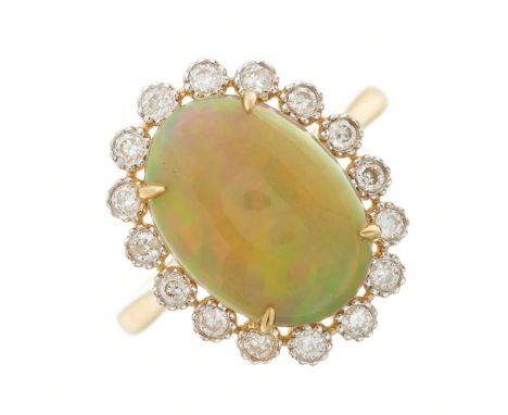 An 18ct gold opal cabochon and brilliant-cut diamond cluster ring, opal weight 3.45ct, total diamond weight 0.30ct, each engr