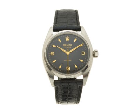 Rolex, a vintage stainless steel Oyster Precision wrist watch, circa 1958, black 'Explorer' type dial, reference 6422, signed