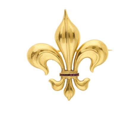 A late 19th century 18ct gold calibre-cut ruby fleur-de-lys brooch, foreign marks, length 4.4cm, 10.6gCondition- Overall good